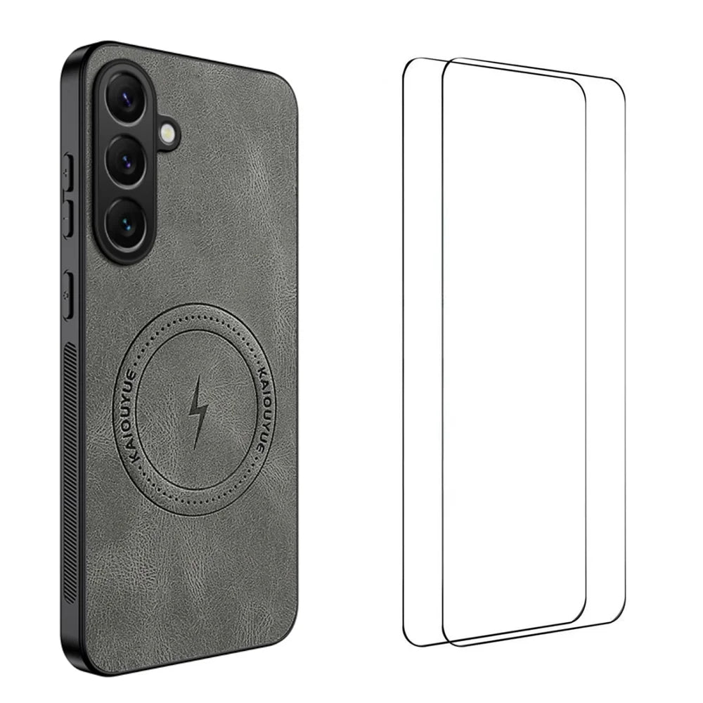 WANLONFENG For Samsung Galaxy A56 5G Magnetic Case  SD Series PC TPU Phone Cover with 2Pcs Screen Film - Grey - 1