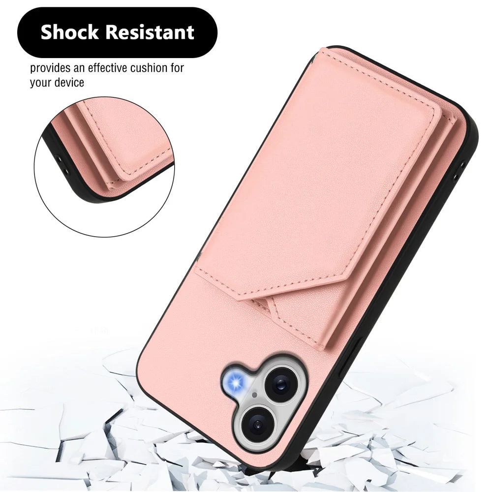 For iPhone 17 Case Card Holder Kickstand Skin-Touch Phone Cover with Wrist Strap - Pink - 3