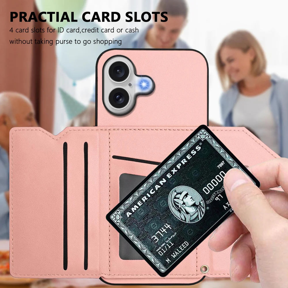 For iPhone 17 Case Card Holder Kickstand Skin-Touch Phone Cover with Wrist Strap - Pink - 6
