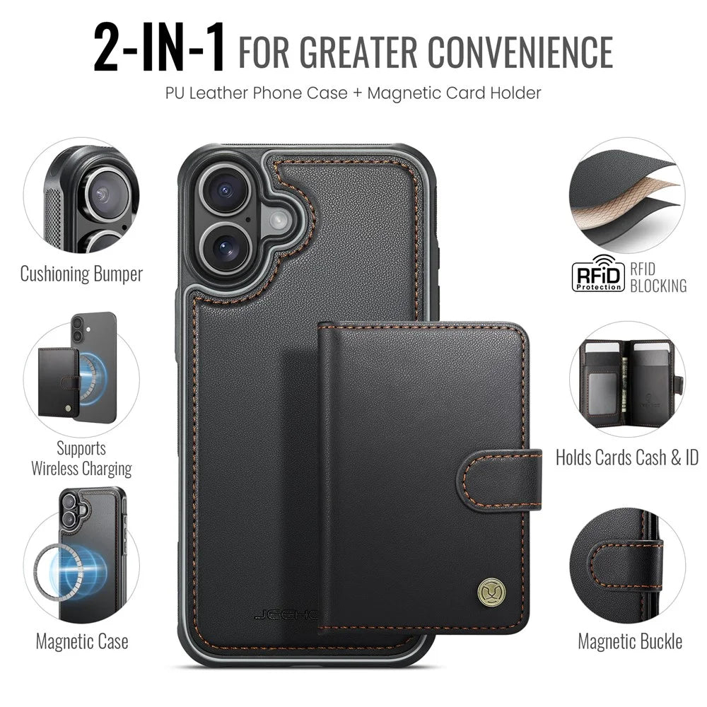JEEHOOD J09 For iPhone 17 Detachable Case with Card Holder, RFID Blocking Leather Back Cover Compatible with MagSafe - Black - 2