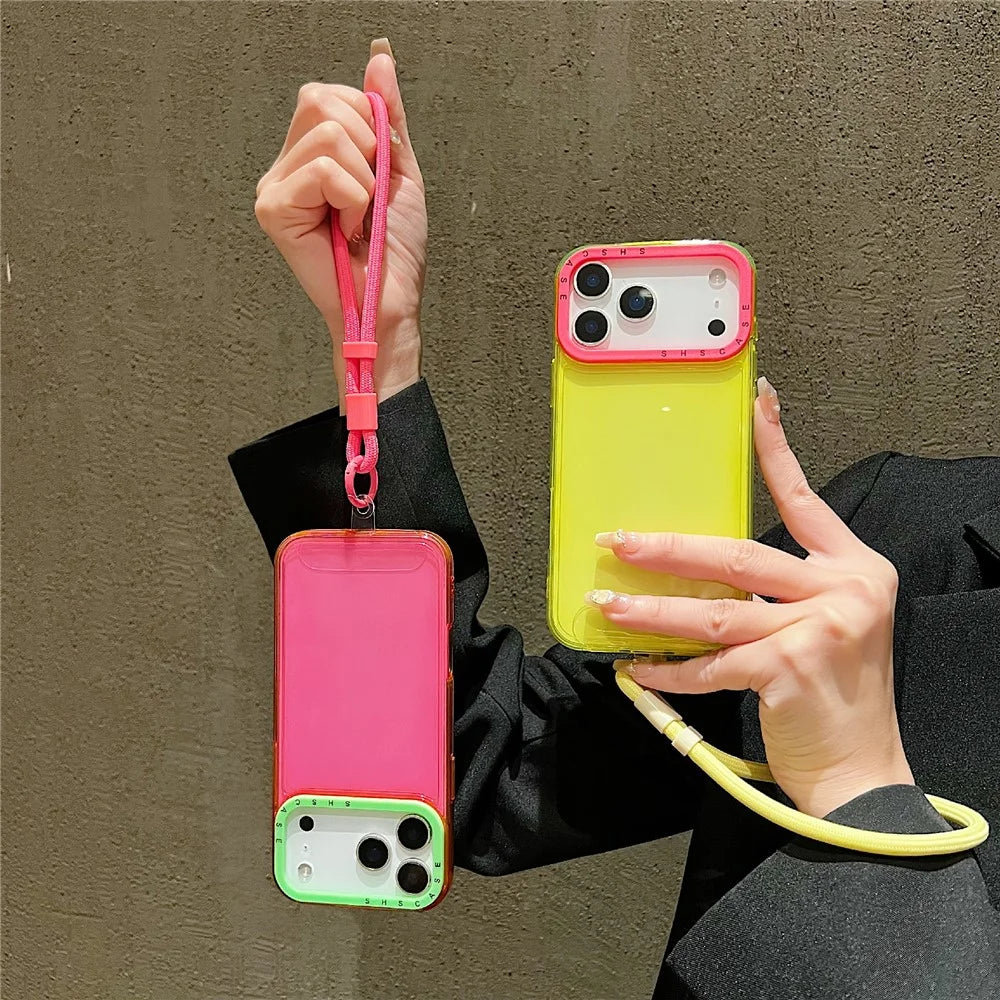 For iPhone 18 Pro Max / 17 Pro Max Case Clear Contrasting Colors Shockproof TPU Phone Back Cover with Wrist Strap - Yellow - 2