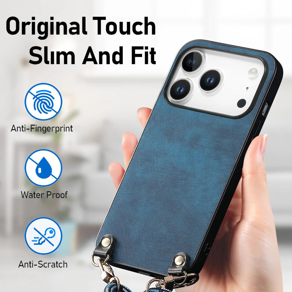 For iPhone 17 Pro Retro Leather Phone Back Cover with Adjustable Strap - Blue - 5