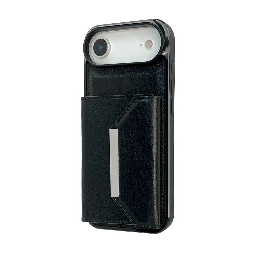 For iPhone Air Case Card Bag Kickstand TPU + PU Phone Cover - Black - 7