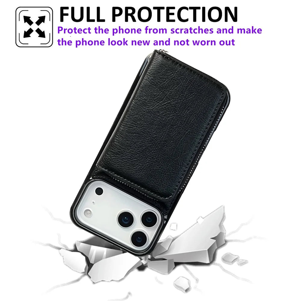 For iPhone 17 Pro Max Case Detachable Zipper Card Bag PU TPU Kickstand Phone Case with Strap - Black - 2
