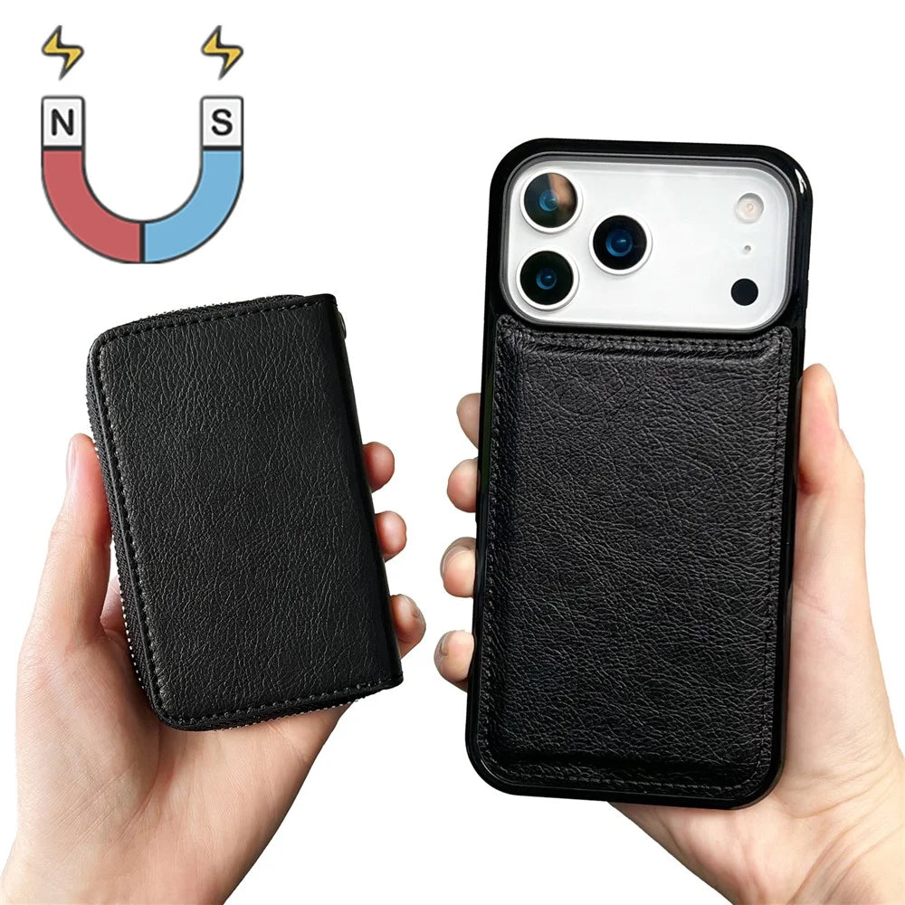 For iPhone 17 Pro Max Case Detachable Zipper Card Bag PU TPU Kickstand Phone Case with Strap - Black - 3
