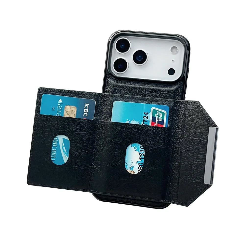 For iPhone 17 Pro Max Case Card Bag Kickstand TPU + PU Phone Cover - Black - 3