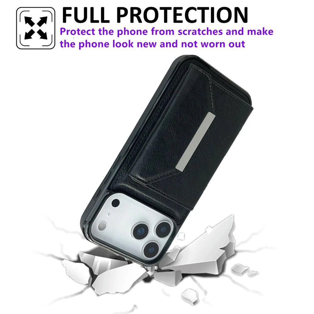 For iPhone 17 Pro Max Case Card Bag Kickstand TPU + PU Phone Cover - Black - 6