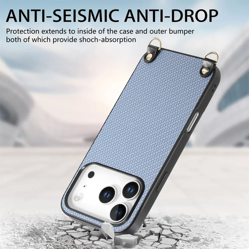 For iPhone 17 Pro Case Carbon Fiber Texture PU + PC + TPU Anti Drop Phone Cover with Crossbody Lanyard - Blue - 4