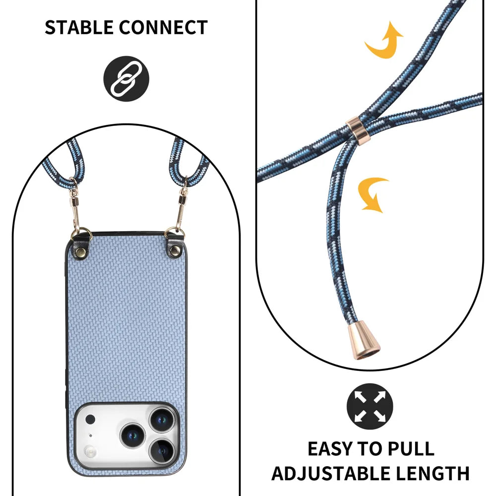For iPhone 17 Pro Case Carbon Fiber Texture PU + PC + TPU Anti Drop Phone Cover with Crossbody Lanyard - Blue - 6