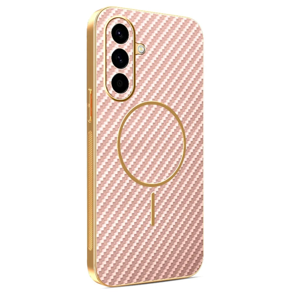 For Samsung Galaxy A56 5G Phone Case Carbon Fiber Textured Electroplated TPU Back Cover - Pink - 1