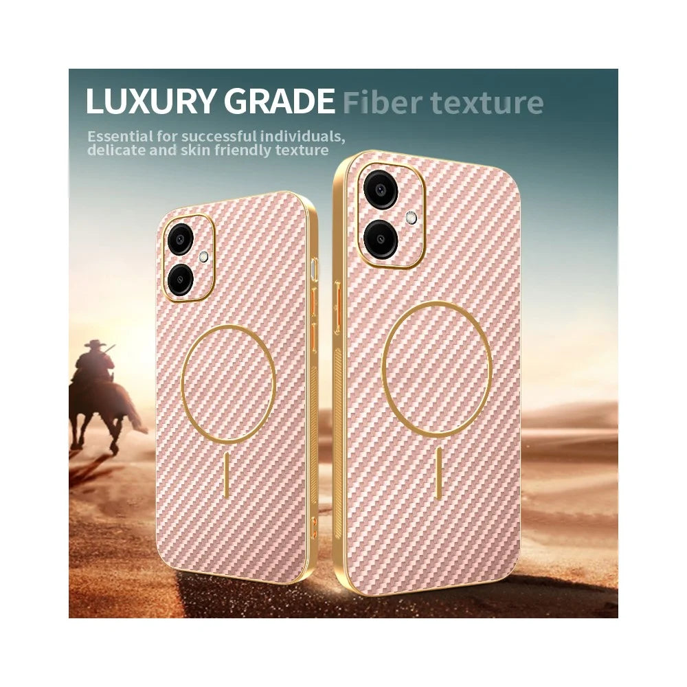 For Samsung Galaxy A06 4G Phone Case Carbon Fiber Textured Electroplated TPU Back Cover - Pink - 4