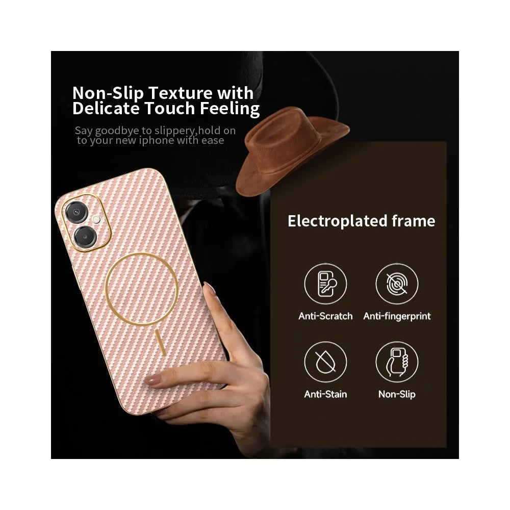 Phone Case For Samsung Galaxy A06 5G / F06 5G / M05 4G / M06 5G Carbon Fiber Textured Electroplated TPU Back Cover - Pink - 3