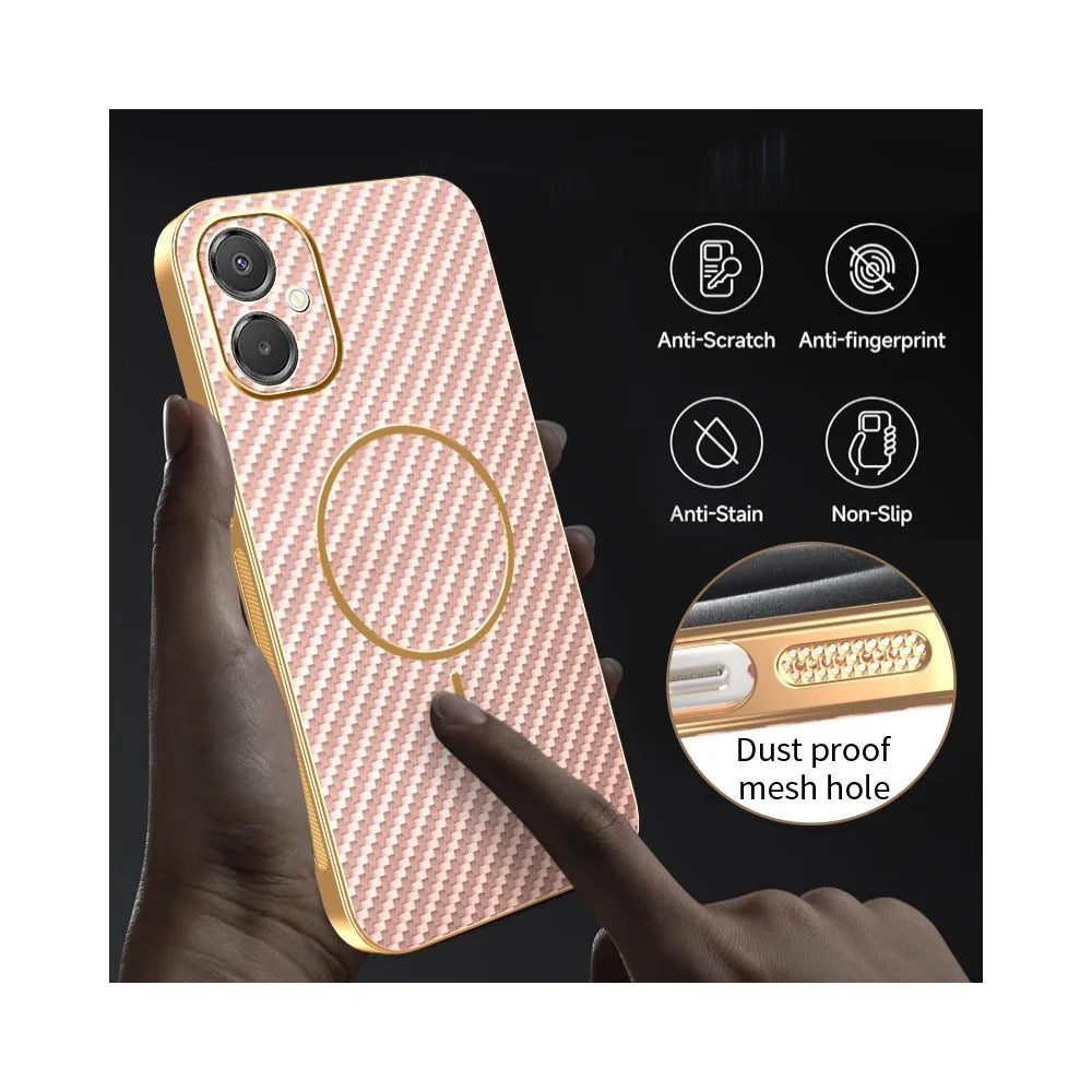Phone Case For Samsung Galaxy A06 5G / F06 5G / M05 4G / M06 5G Carbon Fiber Textured Electroplated TPU Back Cover - Pink - 6