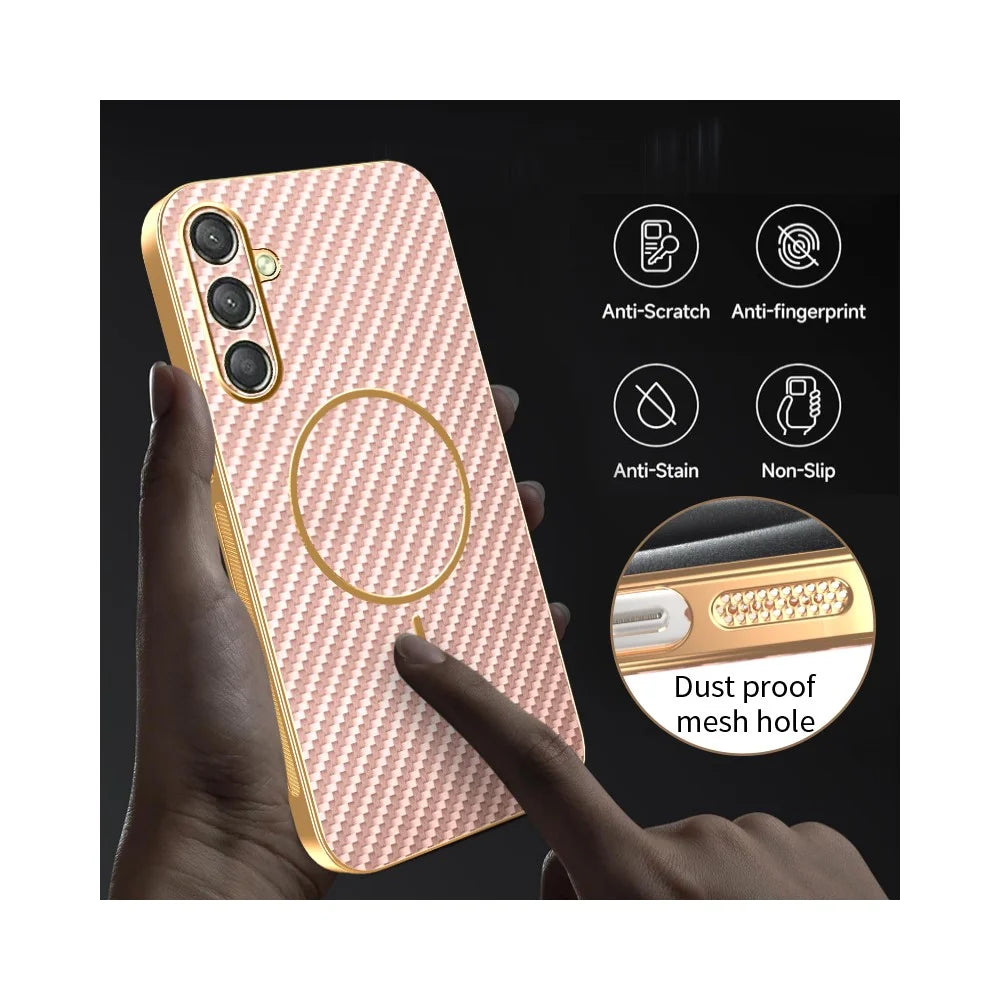 For Samsung Galaxy A25 5G (Global) (161mm) Phone Case Carbon Fiber Textured Electroplated TPU Back Cover - Pink - 6