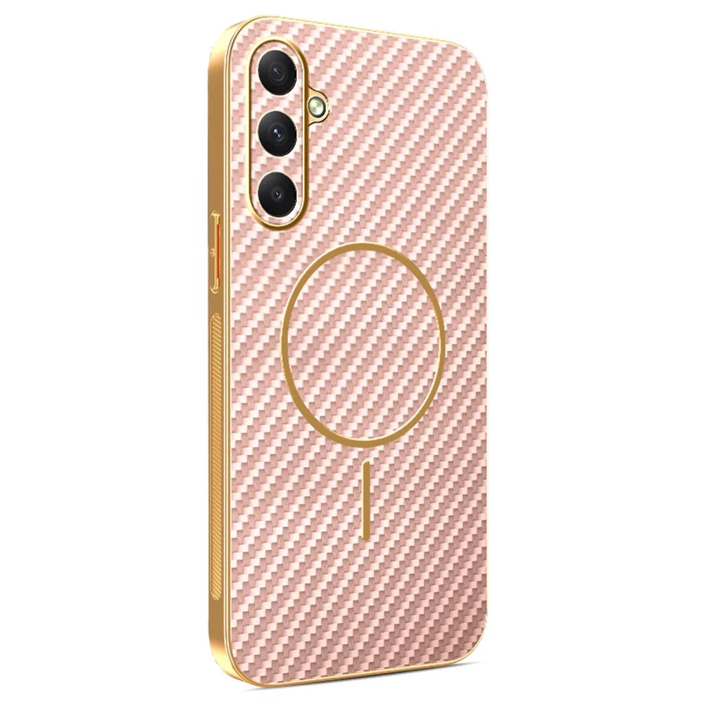 For Samsung Galaxy A35 5G Phone Case Carbon Fiber Textured Electroplated TPU Back Cover - Pink - 1