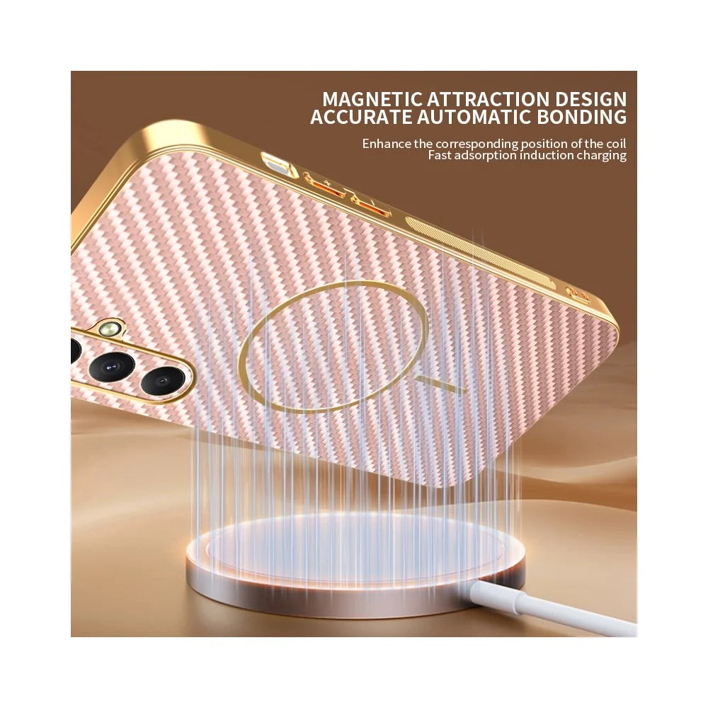 For Samsung Galaxy A35 5G Phone Case Carbon Fiber Textured Electroplated TPU Back Cover - Pink - 5