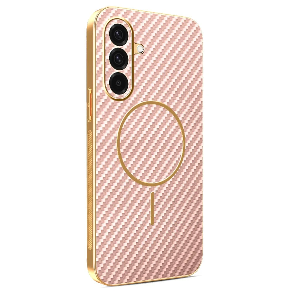 For Samsung Galaxy A36 5G Phone Case Carbon Fiber Textured Electroplated TPU Back Cover - Pink - 1