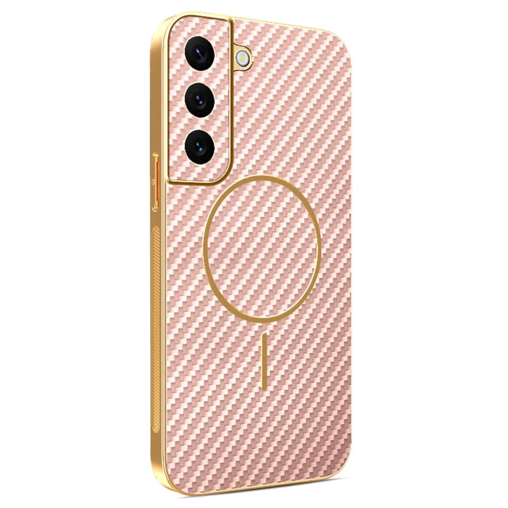 For Samsung Galaxy S22 5G Phone Case Carbon Fiber Textured Electroplated TPU Back Cover - Pink - 1