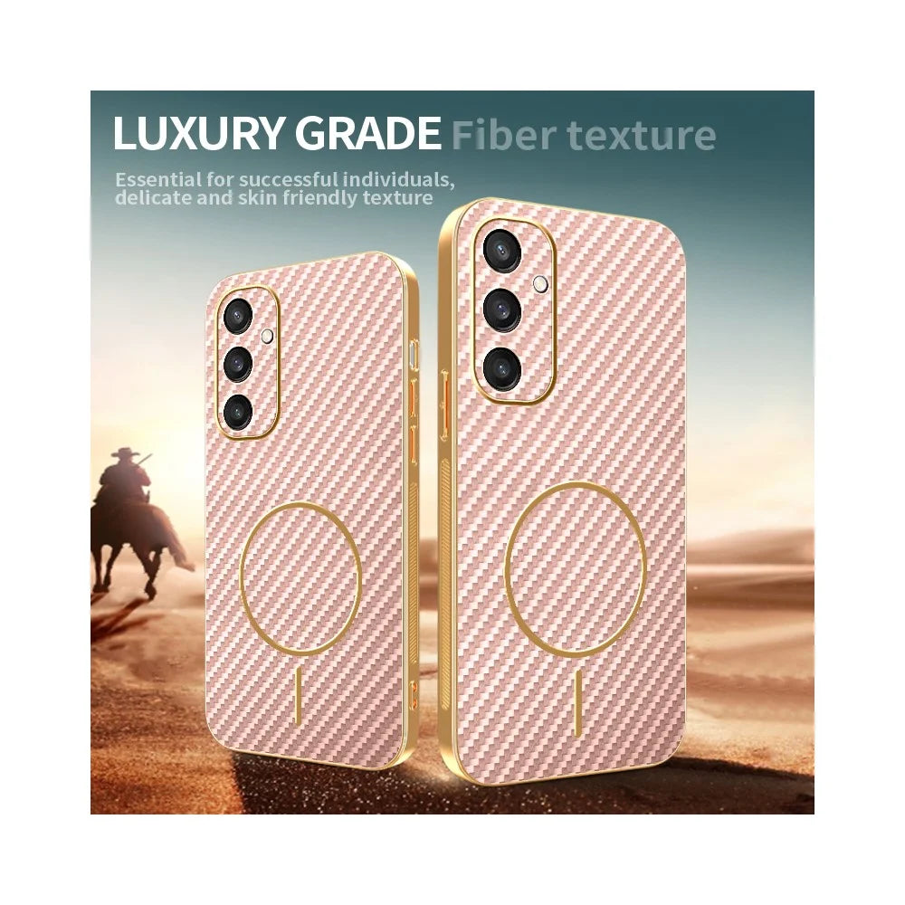 For Samsung Galaxy S24 Phone Case Carbon Fiber Textured Electroplated TPU Back Cover - Pink - 4