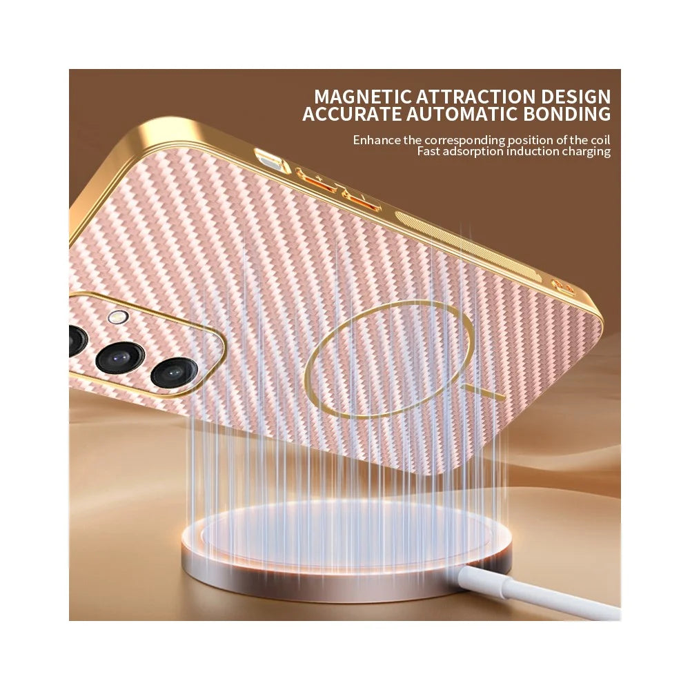 For Samsung Galaxy S24 Phone Case Carbon Fiber Textured Electroplated TPU Back Cover - Pink - 5