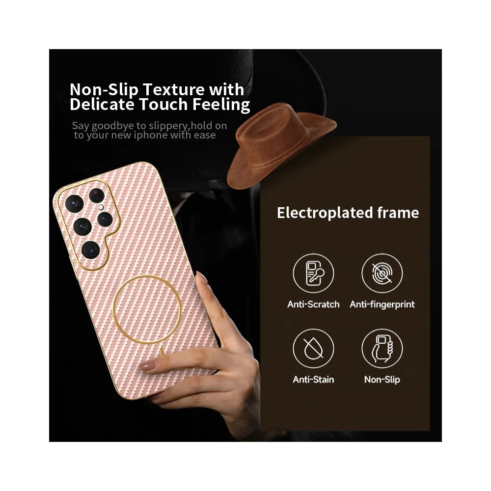 For Samsung Galaxy S24 Ultra Phone Case Carbon Fiber Textured Electroplated TPU Back Cover - Pink - 3