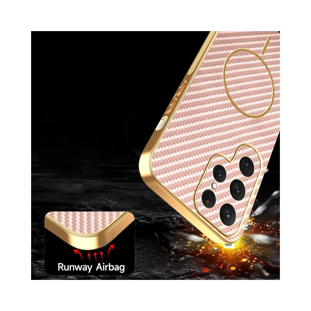 For Samsung Galaxy S24 Ultra Phone Case Carbon Fiber Textured Electroplated TPU Back Cover - Pink - 7