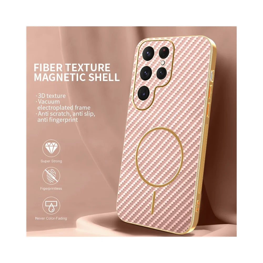 For Samsung Galaxy S25 Ultra Phone Case Carbon Fiber Textured Electroplated TPU Back Cover - Pink - 2