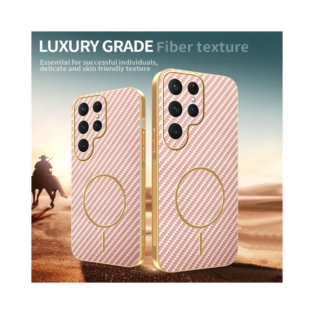 For Samsung Galaxy S25 Ultra Phone Case Carbon Fiber Textured Electroplated TPU Back Cover - Pink - 4