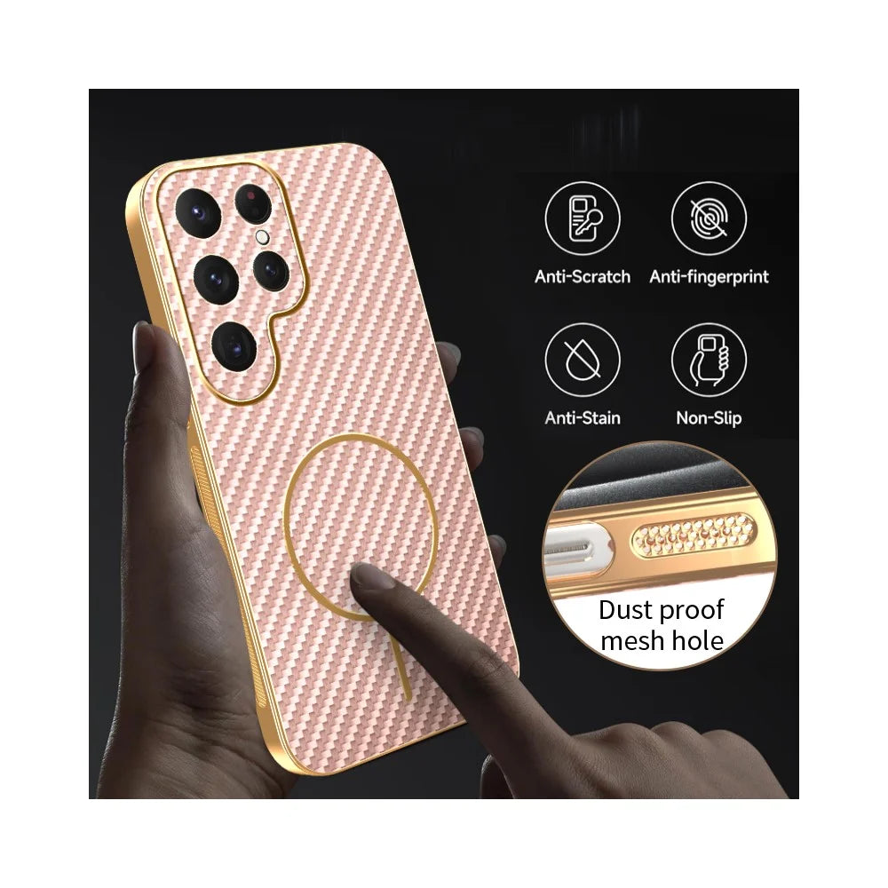 For Samsung Galaxy S25 Ultra Phone Case Carbon Fiber Textured Electroplated TPU Back Cover - Pink - 6