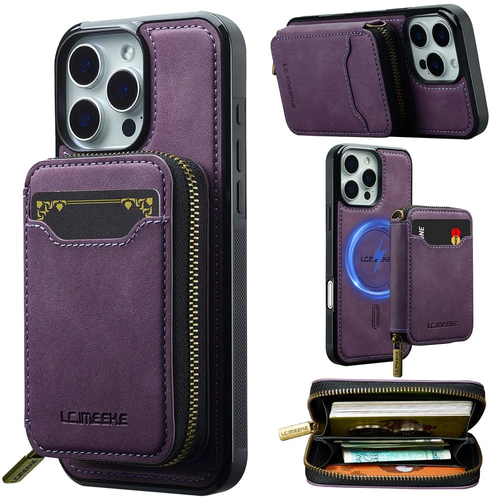 LC.IMEEKE L6 For iPhone 16 Pro Magnetic Case Detachable Zipper Wallet Leather Coated PC + TPU Phone Cover - Purple - 1