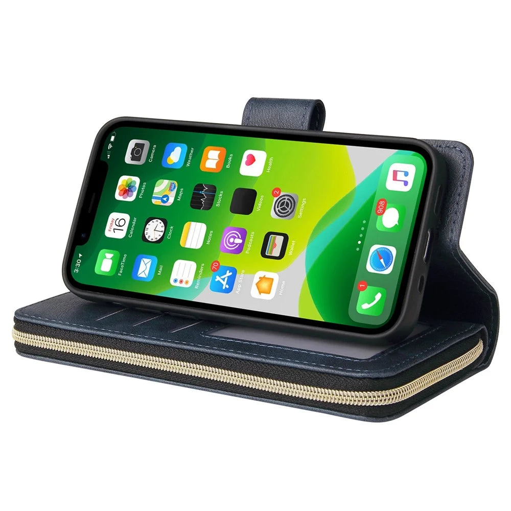 For iPhone 14 PU Leather Magnetic Closure Handbag Zipper Pocket Case Stand 9 Card Holder Slots Wallet Phone Cover with Strap - Blue - 4