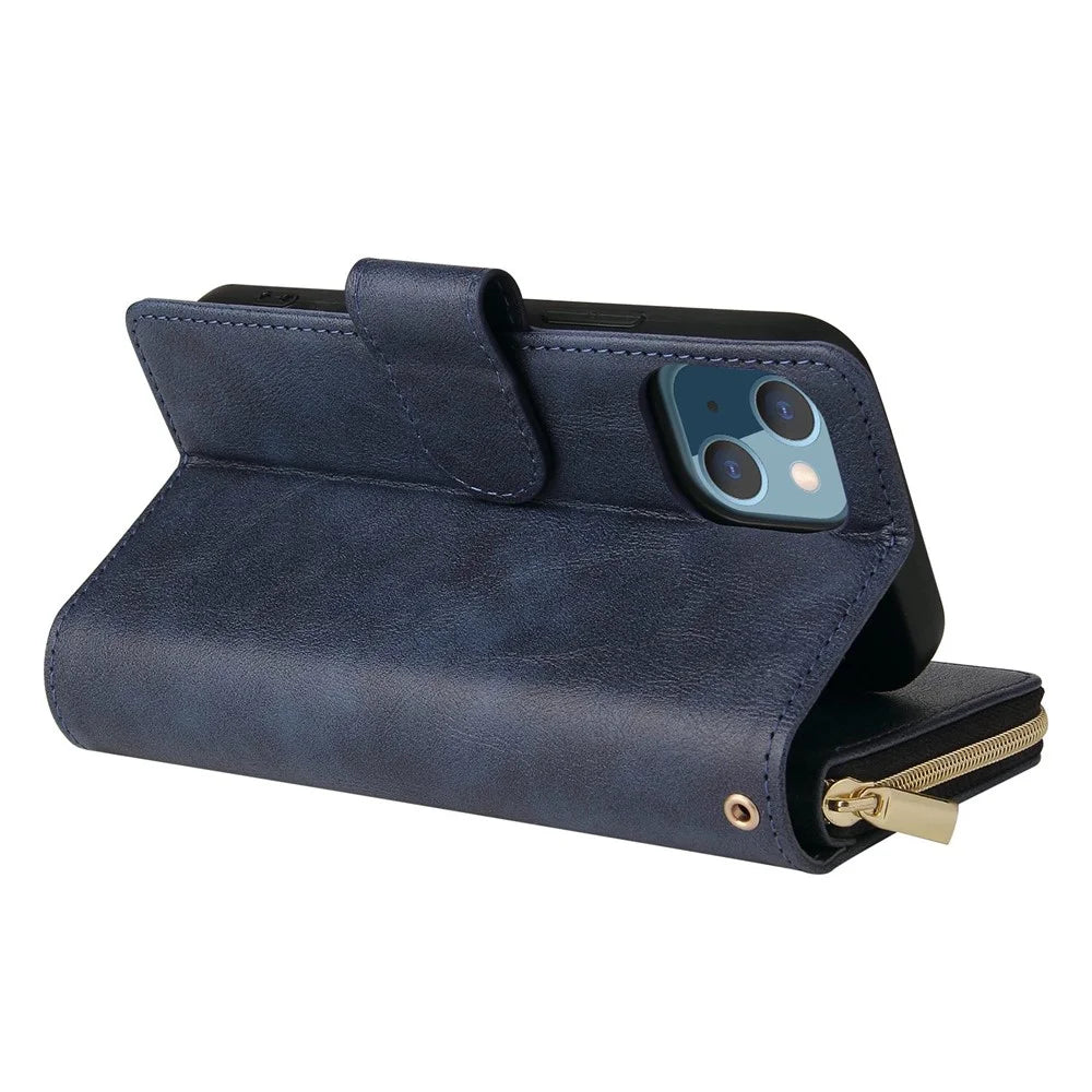 For iPhone 14 PU Leather Magnetic Closure Handbag Zipper Pocket Case Stand 9 Card Holder Slots Wallet Phone Cover with Strap - Blue - 5