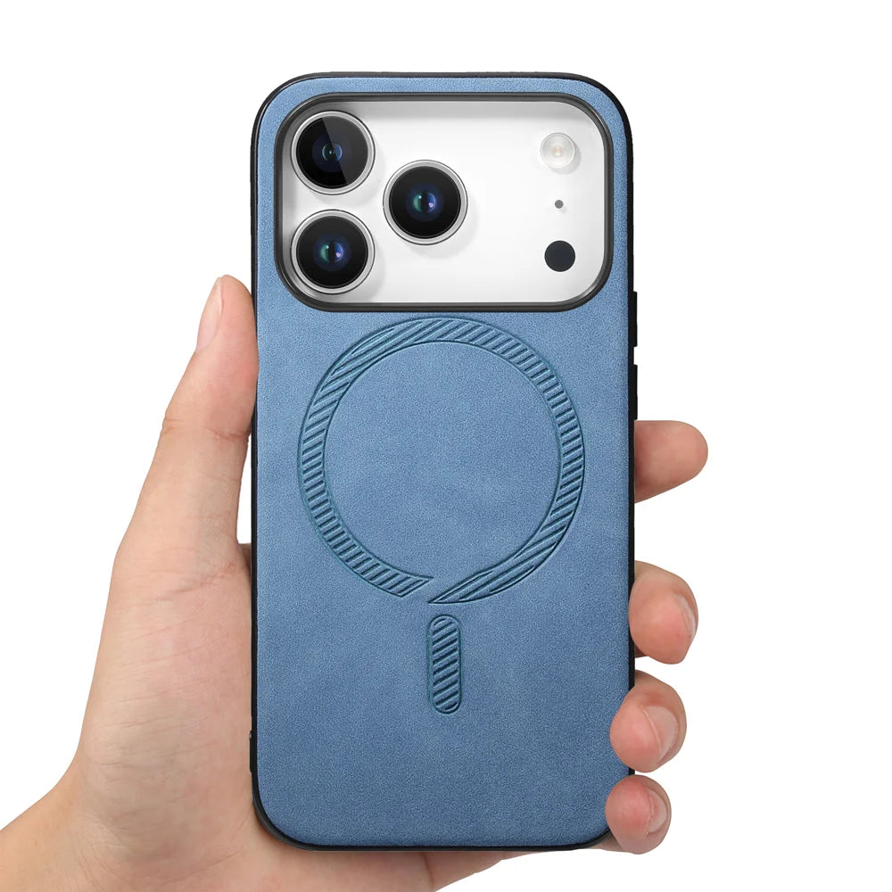 For iPhone 17 Pro Leather Back Case Compatible with MagSafe Skin-touch Phone Cover - Blue - 2