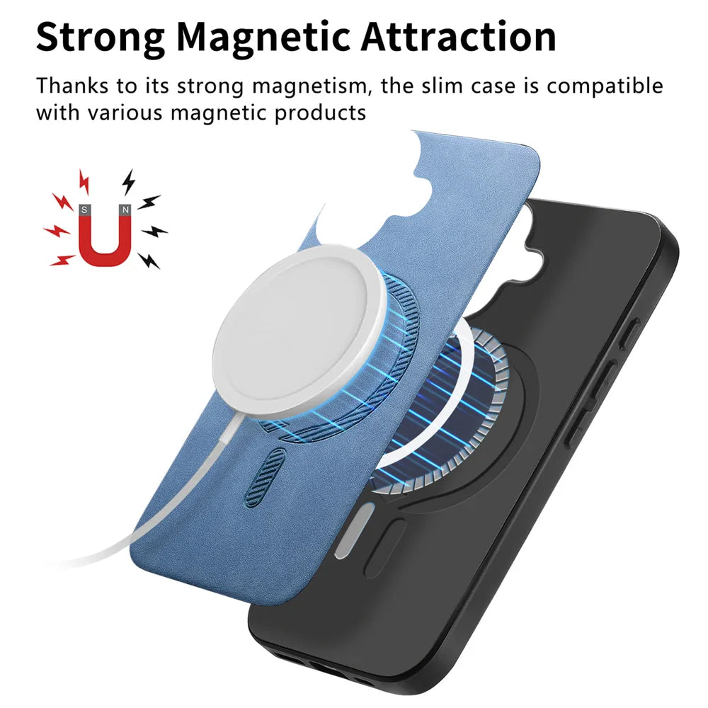 For iPhone 17 Pro Leather Back Case Compatible with MagSafe Skin-touch Phone Cover - Blue - 5