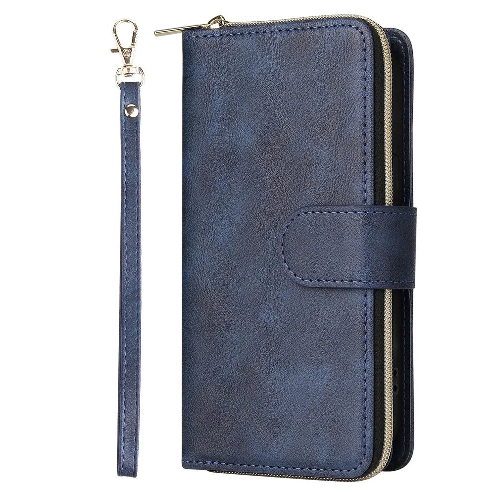 Zipper Pocket Cell Phone Cover For iPhone 13 6.1 inch, Magnetic PU Leather Phone Case 9 Card Holder Slots Flip Stand Wallet with Strap - Blue - 2