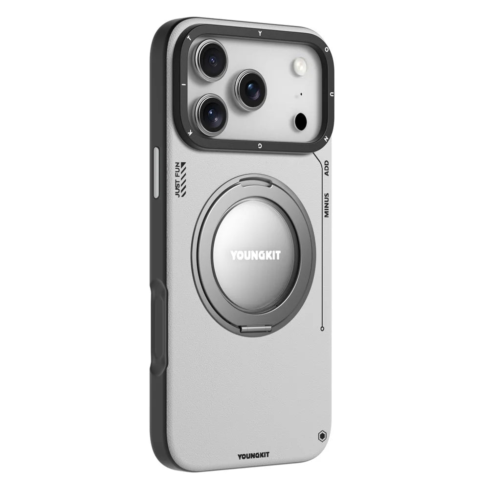YOUNGKIT For iPhone 17 Pro Case Rotating Kickstand Shockproof TPU + PU Leather Phone Back Cover - Grey - 1