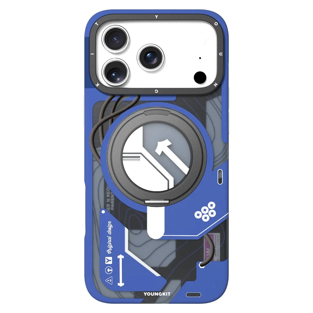 YOUNGKIT for iPhone 17 Pro Magnetic Case Rotating Kickstand IMD TPU Phone Cover - Blue - 1