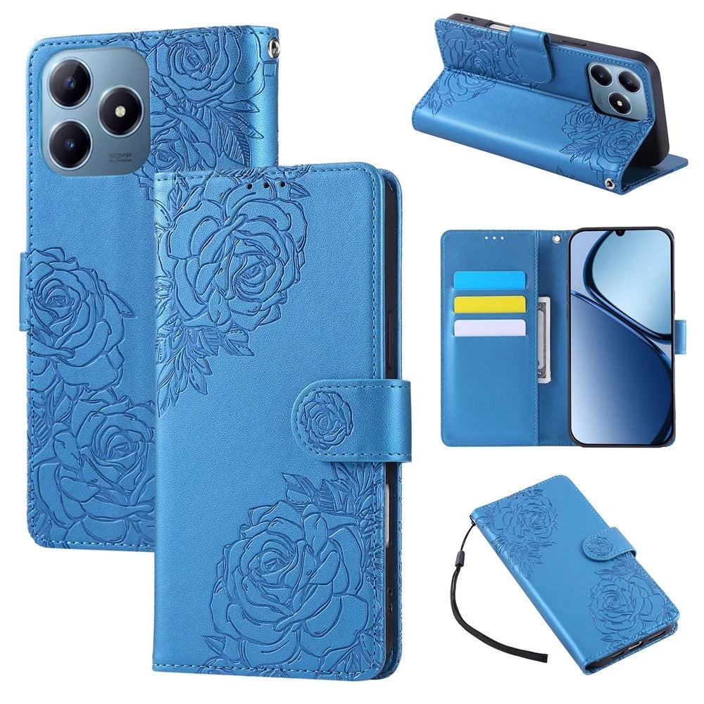 Leather Case for Realme C61 4G / C61 (India) 4G / C63 4G Rose Flower Wallet Phone Cover with 3 Card Slots / Wrist Strap - Blue - 1