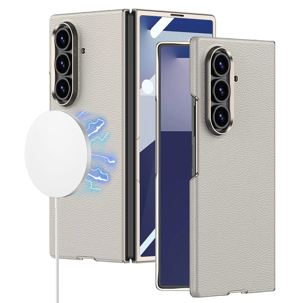 GKK For Samsung Galaxy Z Fold7 5G Magnetic Case PU Leather + PC Phone Cover with Tempered Glass Screen Film - Titanium Grey - 1
