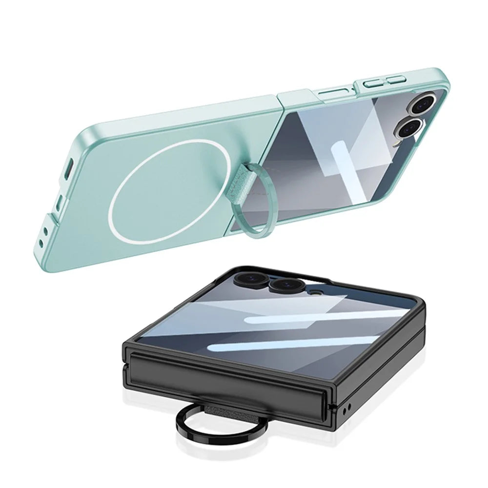 GKK For Samsung Galaxy Z Flip7 5G Magnetic Case Ring Holder Kickstand PC Phone Cover with Tempered Glass Film - Green - 2