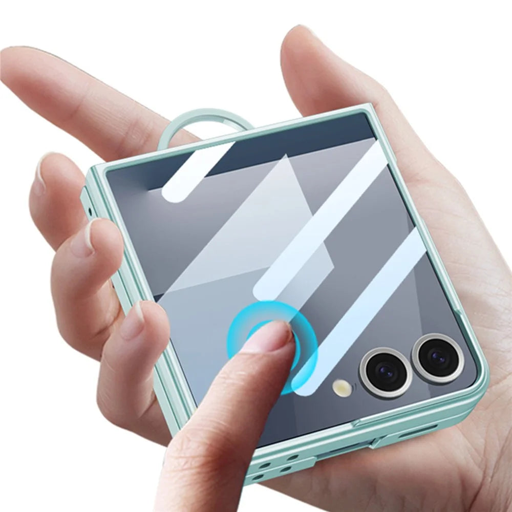 GKK For Samsung Galaxy Z Flip7 5G Magnetic Case Ring Holder Kickstand PC Phone Cover with Tempered Glass Film - Green - 3