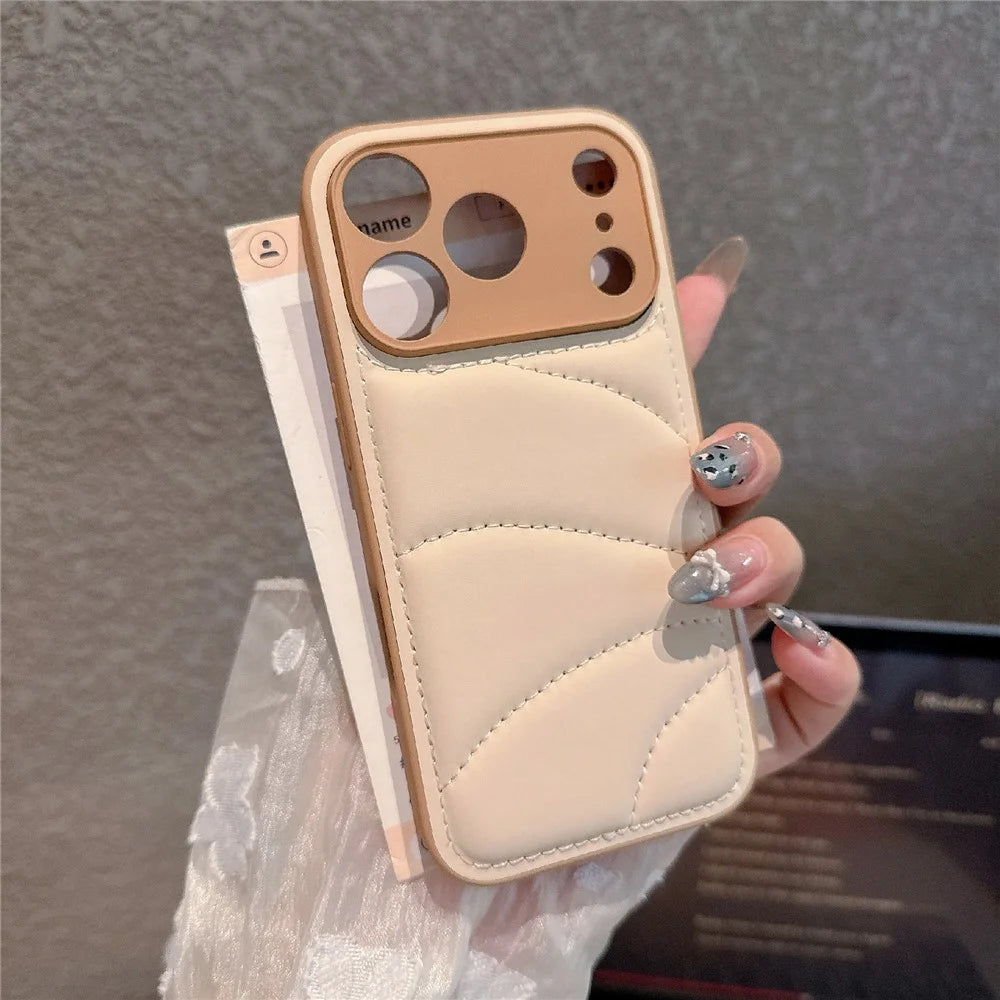 For iPhone 17 Pro Max Case Down Coat Design PU Leather Coated TPU Phone Back Cover - Khaki - 2
