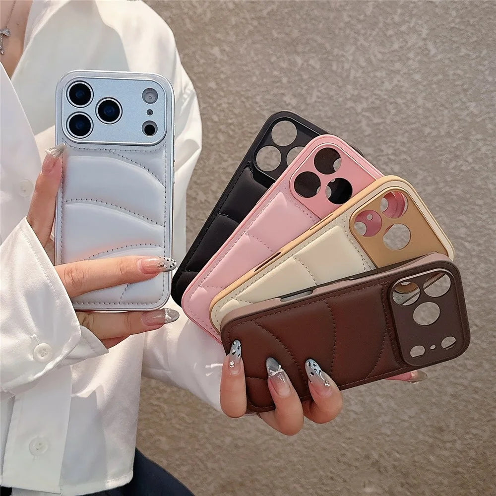 For iPhone 17 Pro Max Case Down Coat Design PU Leather Coated TPU Phone Back Cover - Khaki - 7