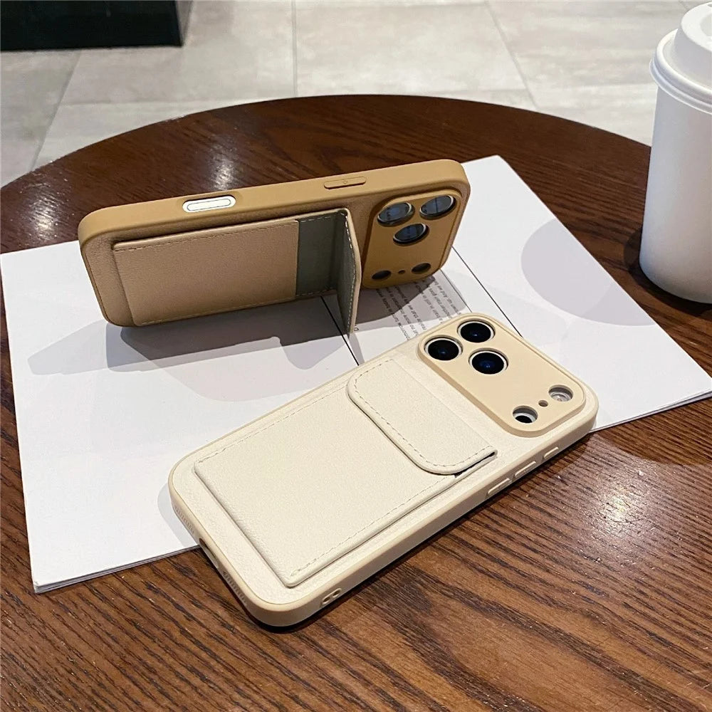 For iPhone 17 Pro Case Solid Color PU Leather TPU Phone Cover with Card Holder Kickstand - Khaki - 3
