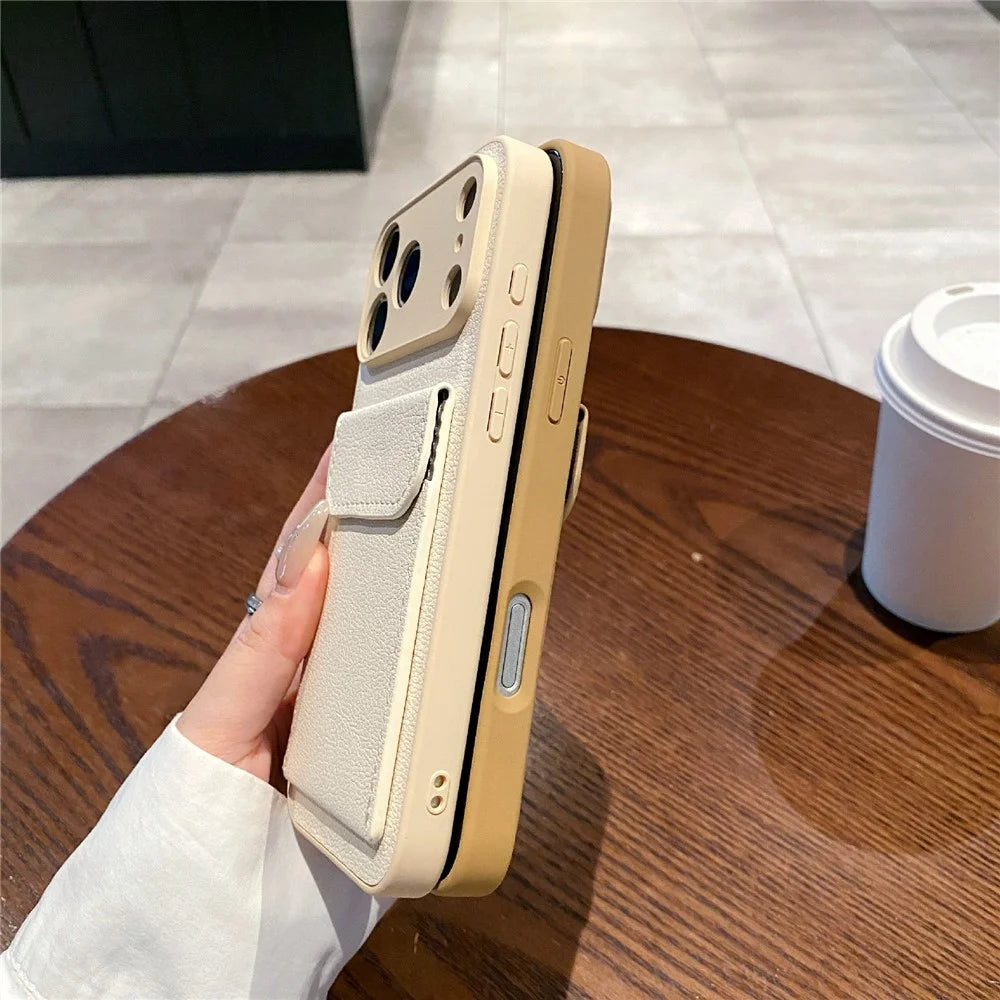 For iPhone 17 Pro Case Solid Color PU Leather TPU Phone Cover with Card Holder Kickstand - Khaki - 4