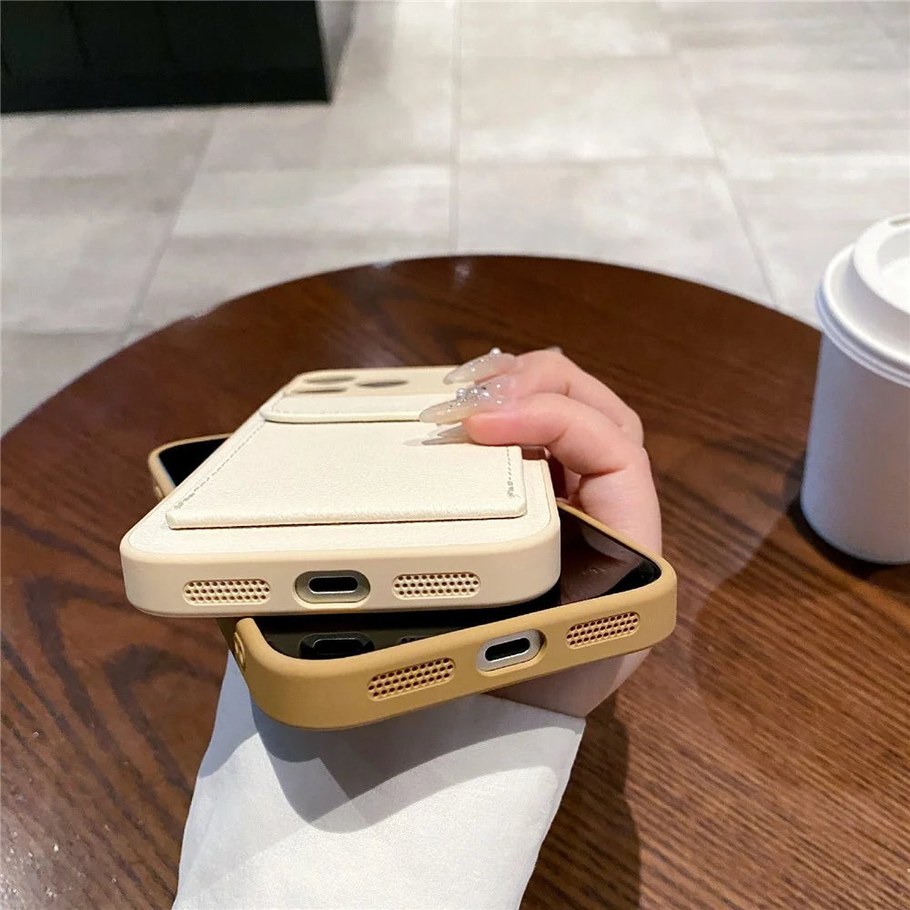 For iPhone 17 Pro Case Solid Color PU Leather TPU Phone Cover with Card Holder Kickstand - Khaki - 5