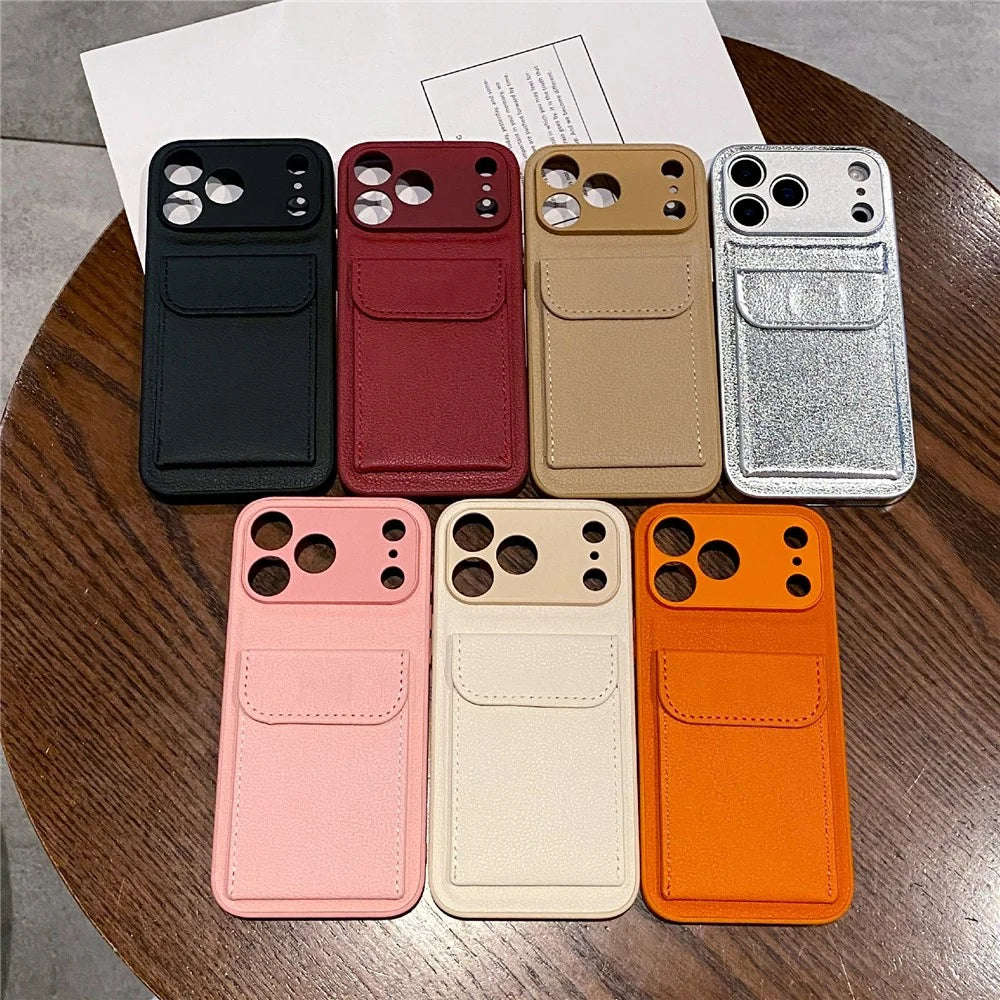 For iPhone 17 Pro Case Solid Color PU Leather TPU Phone Cover with Card Holder Kickstand - Khaki - 6