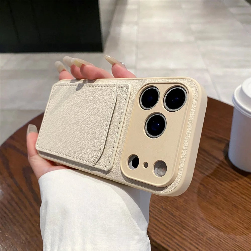 For iPhone 17 Pro Case Solid Color PU Leather TPU Card Holder Phone Cover - White U-shaped Card Holder - 1