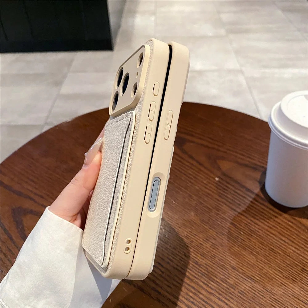 For iPhone 17 Pro Max Case Solid Color PU Leather TPU Card Holder Phone Cover - White U-shaped Card Holder - 4