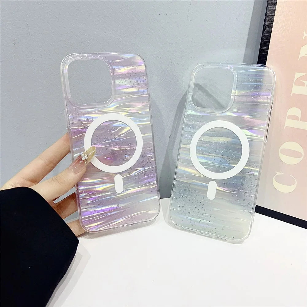 For iPhone 16 Pro Case Shimmering Starry Stripe Pattern TPU + PC Phone Cover Compatible with MagSafe - Multi-color - 3